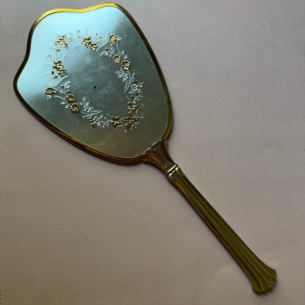 Vintage Gold Tone Handheld Vanity Mirror Ornate Floral Hollywood Regency Decor